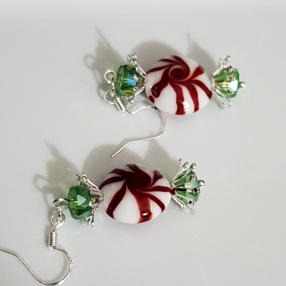 Glass lampwork candy peppermint earrings swavorski crystal 925 sterling silver - Picture 11 of 13